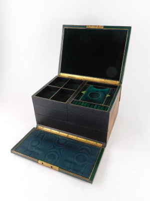 A Victorian walnut jewellery box, with an inset engraved brass handle to the hinged lid, the interior lined in leather and fitted with velvet hinged compartments and with a Bramah lock, 30cm wide. - 2