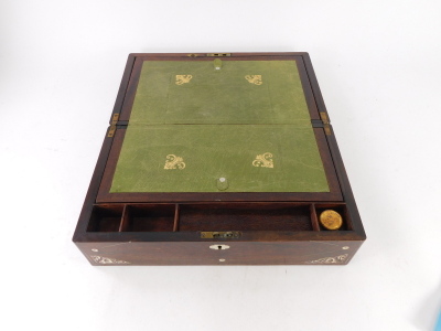 A Victorian rosewood and mother of pearl inlaid writing box, the hinged lid enclosing a later green leatherette slope, 41cm wide. - 2