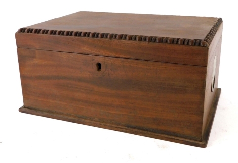 A Victorian figured mahogany workbox, the hinged lid with a bead and real border enclosing a vacant interior, 28cm wide.