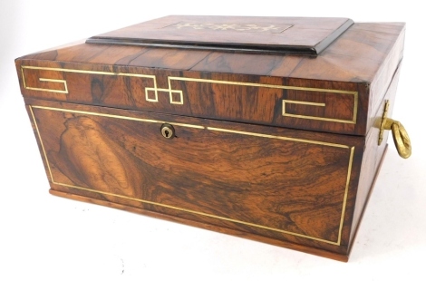 A 19thC rosewood and brass inlaid workbox, the hinged lid enclosing a vacant interior with gilt side handles, 38cm wide.