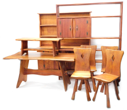 A late 20thC bespoke Parana pine dining room suite, in the Arts and Crafts style, comprising refectory table, four chairs, each with a pierced back, solid seat on chamfered legs, a bookcase or display unit, a rectangular coffee table, and a dresser with t