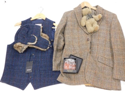 Harris Tweed related items, to include a jacket size small, a blue Harris Tweed waistcoat, similar hat, hip flask and a teddy bear. (4)