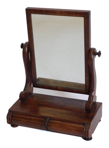 A 19thC mahogany dressing table mirror, with a rectangular plate on shaped supports, the base with two frieze drawers, 39cm wide.