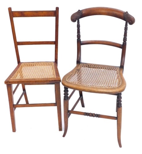 A Victorian carved mahogany bedroom chair, with a cane seat on splayed legs, and an Edwardian bedroom chair. (2)