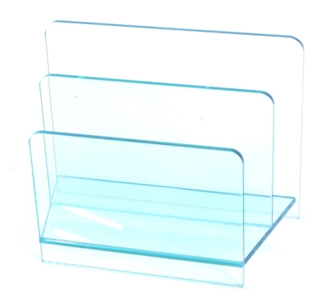 A modern two section glass magazine rack or Canterbury, 45cm wide.