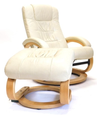 A cream leather armchair, with bentwood supports and a matching stool.