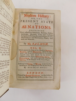 Moll (Herman, cartographer.) Salmon (Thomas) MODERN HISTORY OR THE STATE OF ALL NATIONS..., vol II only, title in red and black, folding engraved maps, contemporary panelled calf, small 4to, J. Crokatt, 1725 - 5