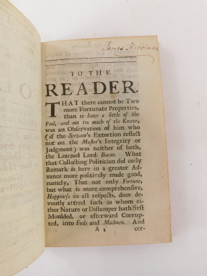 Erasmus (Desiderius). MORIAE ENCOMIUM OR, A PANEGYRICK UPON FOLLY portrait frontispiece, 48 engraved plates, bookplate A.B. Rowan, notes on f.f.e., later calf, tooled in blind, J. Woodward, 1709 - 8