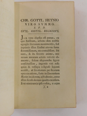 Erasmus (Desiderius). MORIAE ENCOMIUM SIVE STULTITIAE LAUS DES. ERASMI ROT.... HUTH COPY engraved frontispiece and plates by Holbien, contemporary fine calf, skilfully rebacked with original spine laid down, gilt dentelles, Basel, 1780 - 7