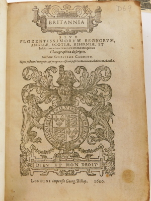 Camden (William). BRITANNIA, fifth edition, lacks frontispiece, woodcut coat of arms and vignette on title, 7 engraved plates and 2 folding engraved maps, modern fine calf, tooled in gilt, [STC 4507 3/1], 4to, G. Bishop, 1600 - 7