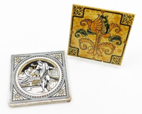 Two Continental tiles, one inscribed CYMBELIN 15cm x 15cm, and another in Art Nouveau detailing on orange ground, 15cm x 15cm. (2)