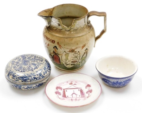 A group of ceramics, to include a Marthar Haywood inscribed 19thC lustre jug (AF), 17cm high, a stoneware trinket bowl with blue and white detailing, 12cm diameter, a pink lustre nursery plate with cottage, 14cm wide and a blue mottled stoneware bowl 10cm