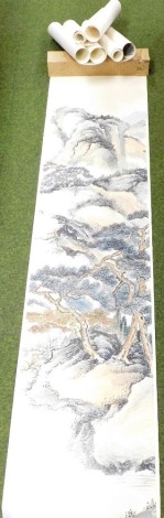 Four various Chinese watercolours, of mountainous scenes on scrolls, boxed..