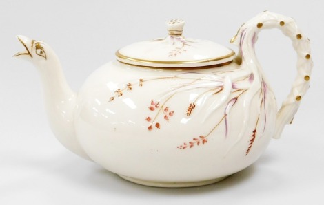 A Belleek black mark first period grass pattern teapot and cover, c1880, 14cm diameter.