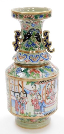 A 19thC Chinese Canton porcelain baluster vase, decorated with panels of ladies at leisure, the everted neck with ear handles, the background with flowers, ruyi fungus and butterflies on a celadon ground, 23cm high. (AF)