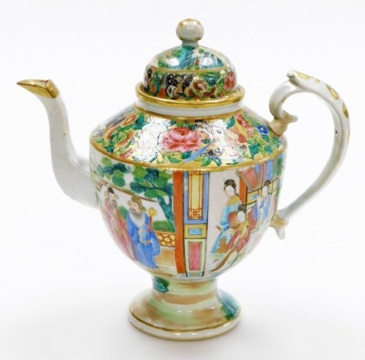 A 19thC Chinese Canton porcelain teapot, of ovoid form, the body with a continuous band of figural decoration, below butterflies and flora on a gilt ground, the domed lid with spherical knop,22cm high. (AF)