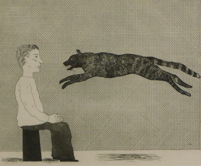 •David Hockney O.M. C.H. R.A. (b.1937). A Black Cat Leaping from the story The Boy Who Left Home to Learn Fear, etching, aquatint, titled and dated 1969 verso, 24cm x 27cm. Label verso Goldmark Gallery, Uppingham, Rutland.