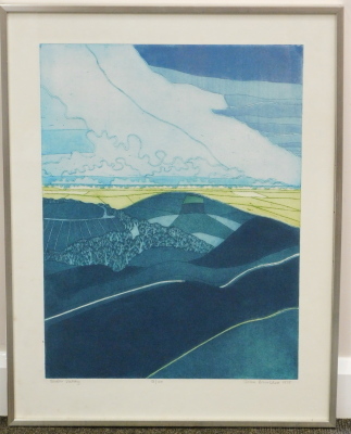 •John Brunsdon A.R.C. (1933-2014). Severn Valley, artist signed, titled, dated 1975, etching 13/100, 62cm x 45cm. - 2