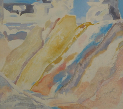 •Derek Hyatt (1931-2015). Trento Alpine landscape, (springtime), oil on board, signed, dated 1985 and titled verso, 61cm x 62cm. Artist label verso.
