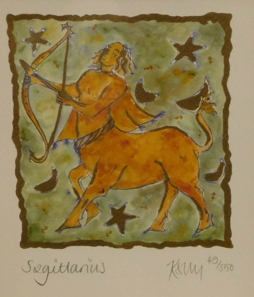 Kelly Jane (20thC). Sagittarius, artist signed limited edition print,  49/850, 17cm x 11cm, and another