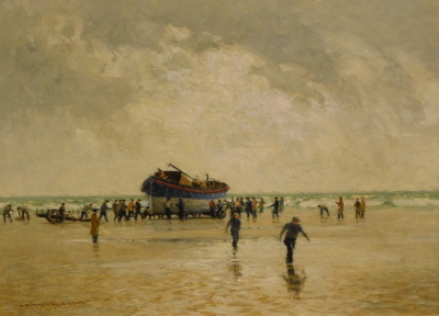 Normal Wilkinson (1878-1971). Coastal scene, figures with fishing boat, oil on canas, signed, 59cm x 79.5cm.