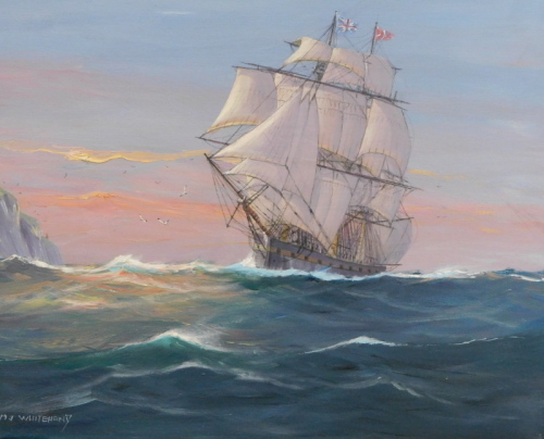 Michael James Whitehand (b.1941). Masted ship at sea, oil on canvas, signed, 41cm x 51cm.