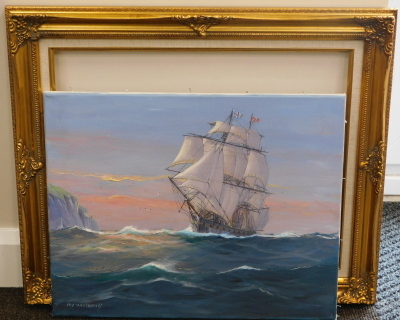 Michael James Whitehand (b.1941). Masted ship at sea, oil on canvas, signed, 41cm x 51cm. - 2