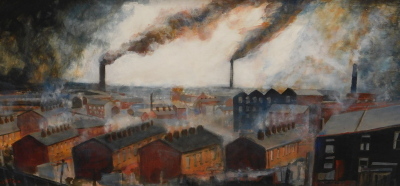 Atherton (20thC). Industrial landscape with terraced houses, oil on board, signed, 33.5cm x 74cm.