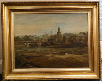 Ferguson (fl.1910). Townscape, river before bridge, church and houses with clouds gathering, oil on board, signed and dated 1910, 42cm x 58cm. - 2