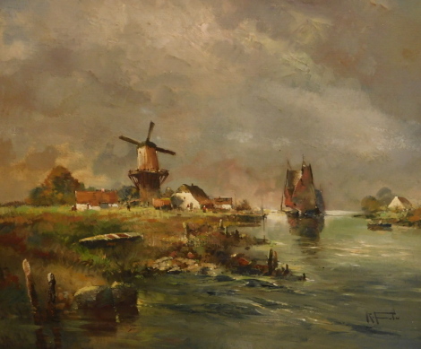 20thC Continental School. Sailing boats in river scene with windmill and cottages, oil on canvas, indistinctly signed, 69cm x 79cm.