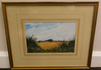 Eric L. Littlewood (b.1930). Cornfields near South Kelsey, watercolour, signed and titled verso, 20cm x 30cm. Label verso Lincolnshire and South Humberside Artists' Society. - 2