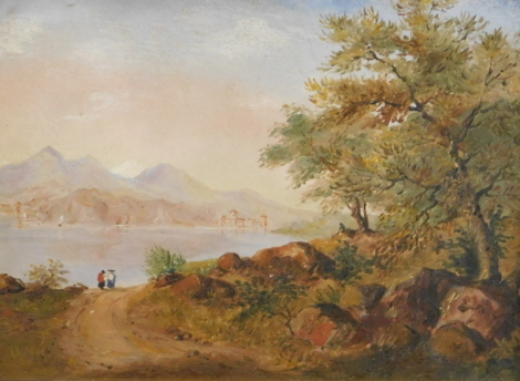 19thC Continental School. Mountain lake scene with figures, oil, 18.5cm x 23.5cm.