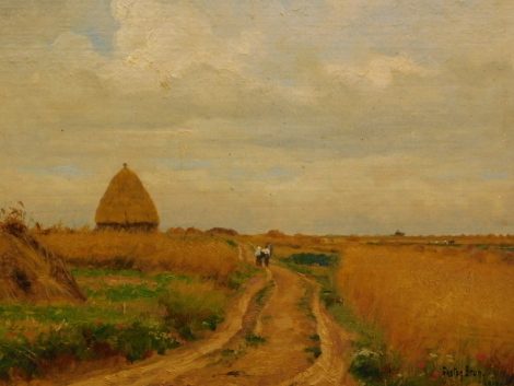 Gaston Brun (1873-c.1916). Hay fields with farm workers, oil on board, signed and dated 1910, 26cm x 34cm.