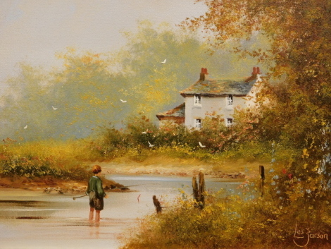 Les Parsons (b.1945). Young angler - white cottage, oil on canvas, signed, 29.5cm x 39.5cm.