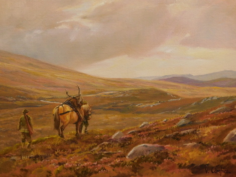 Victor Cirefice (b.1949). Hunter returning through the Glen, oil on canvas, signed, 35cm x 45cm.