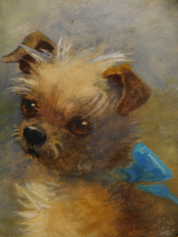 19thC School. Portrait of a dog with blue ribbon, watercolour, 21cm x 17cm, and an artist signed print, Ros Goody (2).