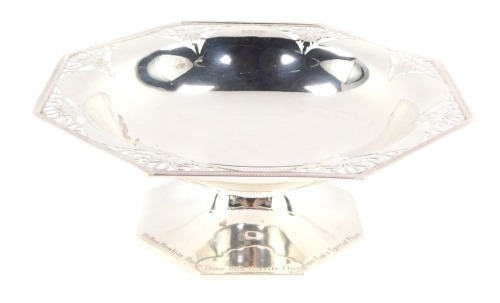 A George V silver octagonal dish, with pierced and fret work borders, inscribed Melton Mowbray Horse Show 1919 First Prize Champion Cup and Special Prize, Walker & Hall, Sheffield 1915, 10 3/4oz 21cm diameter.