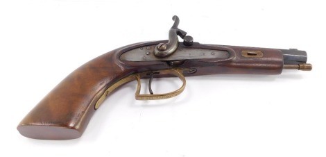 A percussion pistol, probably 19thC, with an octagonal steel barrel, brass ram rod, trigger guard and side plate later engraved, 25cm wide.