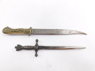 A Balkan dagger, commemorating The Greek War, the knife with brass handle, embossed with birds and scrolling leaves, the blade engraved with scrolling leaves and 1821, the sheath embossed with various emblems, 31.5cm high, together with a Kriegsmarine WWI - 4