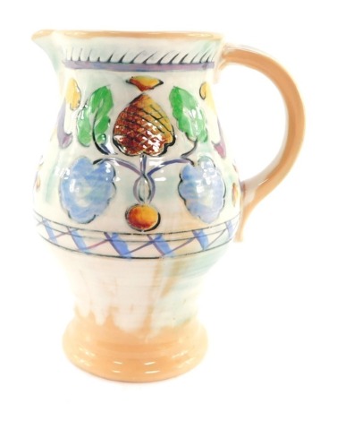 A Royal Doulton pottery jug designed by Frank Brangwyn RA, of baluster form, with foliate decoration, printed mark, 22cm high.