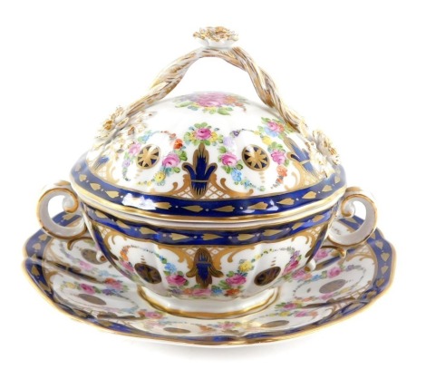 A Dresden porcelain ecuelle cover and stand, painted with floral garlands, within cobalt blue borders, gilt heightened, impressed and printed marks.