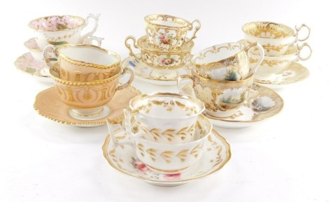 Six early 19thC porcelain trios, variously decorated, comprising Ridgway., Flight & Barr Worcester., Coalport., Yates., Hilditch & Hopwood., and Copeland & Garrett.