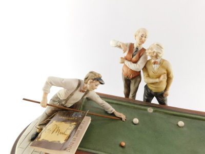 A Giuseppe Armani Capo di Monte porcelain figure group, Billiard Playing, designed by B Merli, raised on an oval wooden base, with certificates, 50cm wide. - 2