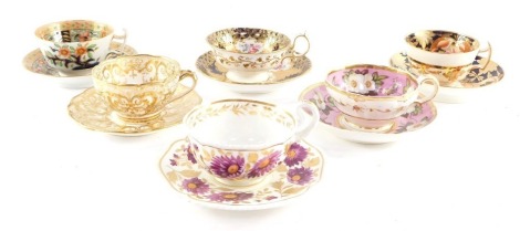 Six early 19thC porcelain tea cups and saucers, floral and Imari decorated, comprising Graingers Worcester., Minton., Ridgway., and Coalport.