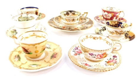 A Ridgway's early 19thC porcelain trio, and six cups and saucers, comprising Ridgway., Yates., Alcock., Stephenson & Hancock Derby., and Coalport.