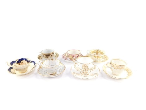 Seven early 19thC porcelain tea cups and saucers, including New Hall., Rockingham., Coalport & Garrett., and Spode.