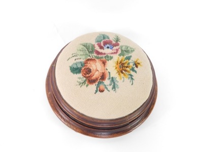 A Victorian mahogany foot stool, with floral wool work upholstery, raised on three turned feet. - 2