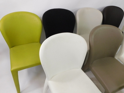 A harlequin set of eight of leather and felt upholstered dining chairs, three in cream, one pale brown, one dark brown, two green, and the felt chair in black. - 2