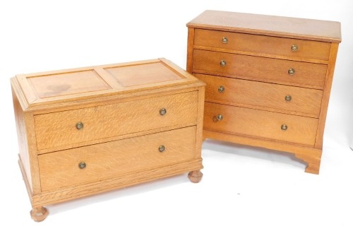 An oak low chest of two drawers, on faceted feet, adapted, and an oak chest of four long drawers on bracket feet, 85cm wide. (2)