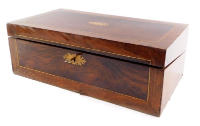 A Victorian rosewood and mahogany cross banded writing slope, with brass cartouche and key escutcheon, opening to reveal a fitted interior, with key, 17.5cm high, 50.5cm wide, 26.5cm deep. (AF)